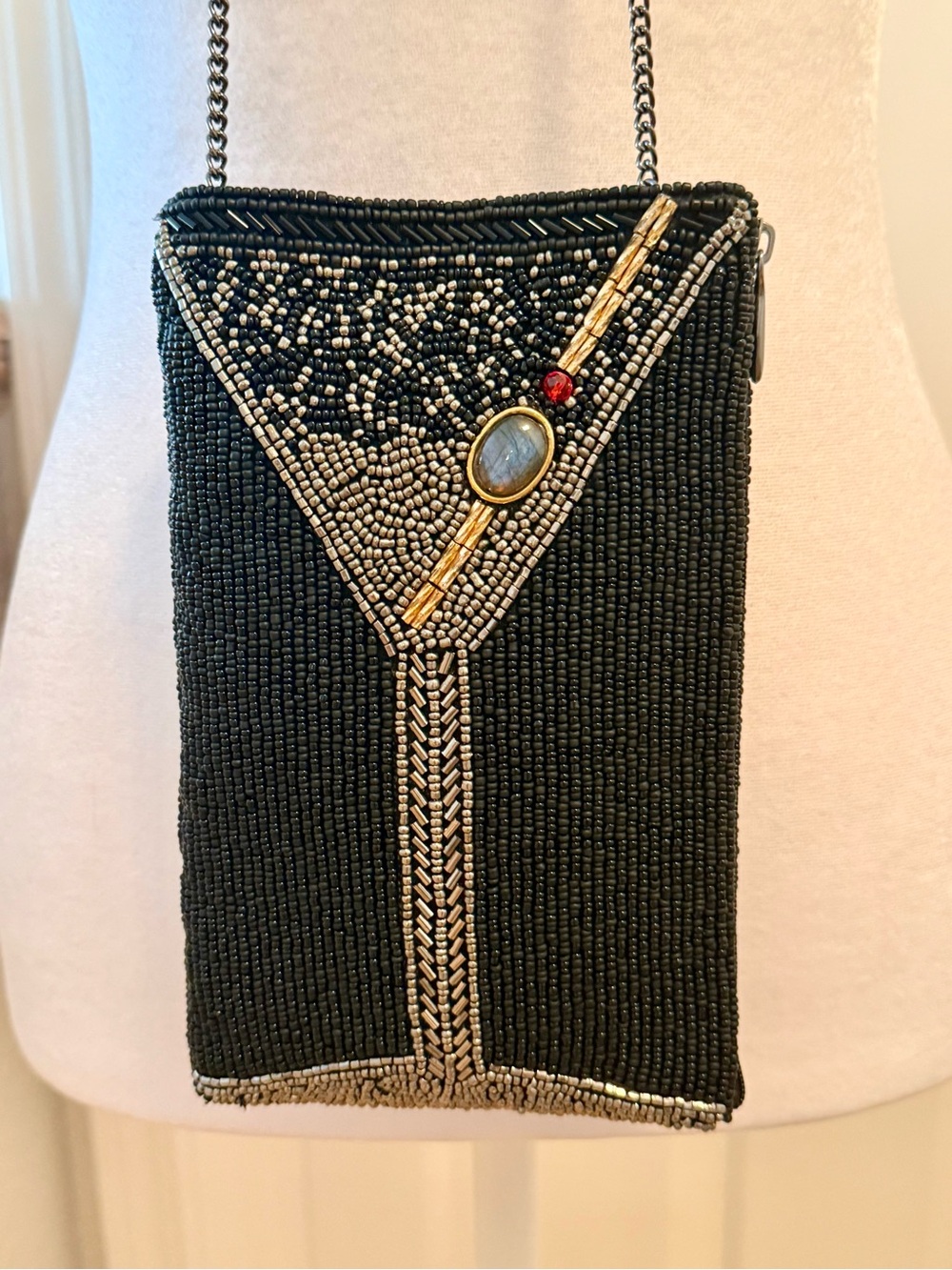 Mary Frances Black Beaded Crossbody with Gold and Red Accents
